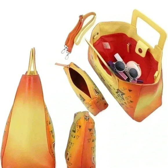 SUKRITI Set of 3, Orange & Yellow Geometric Hand Painted Leather Tote Bag - Picture 5 of 8